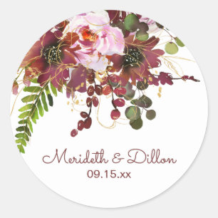 Sticker Rond Bourgogne Or Blush Rose Floral Enregistrer La Date