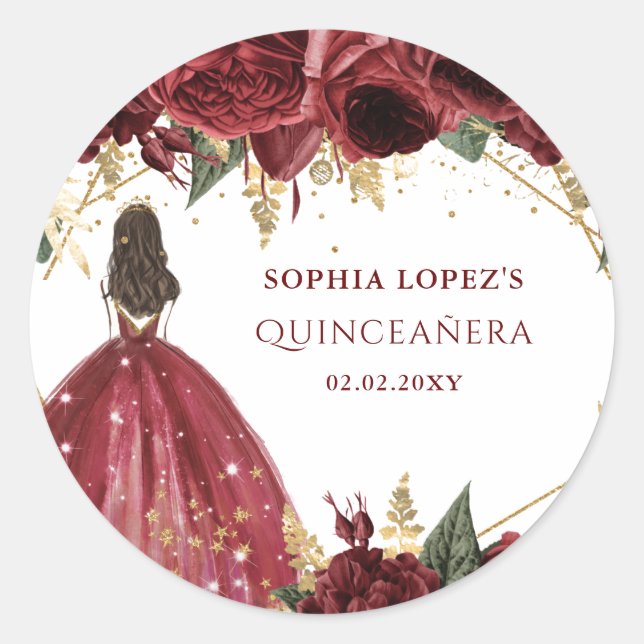 Sticker Rond Bourgogne Or Floral Princess Quinceanera   (Devant)