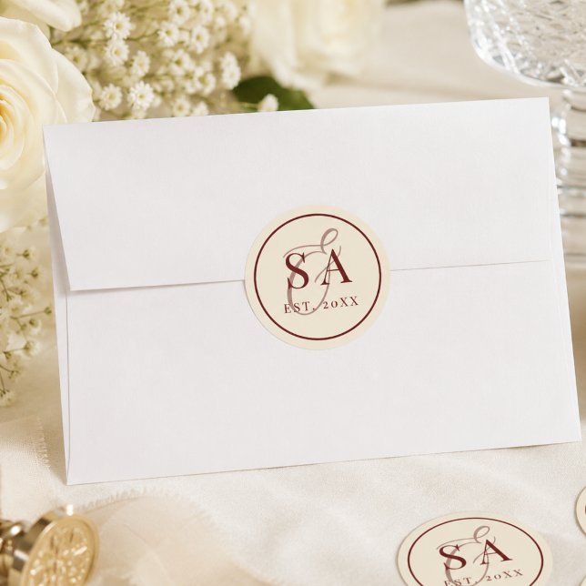 Sticker Rond Bourgogne Rayure d'Ivoire Monogramme Mariage Argen (Créateur téléchargé)