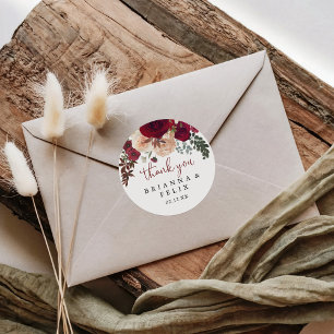 Sticker Rond Bourgogne Rose Merci Floral Mariage Faveur