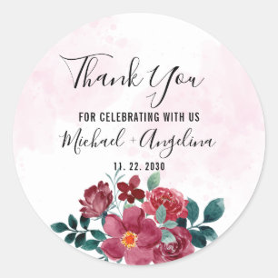 Sticker Rond Bourgogne Rouge Blush Floral Wedding Favoriser