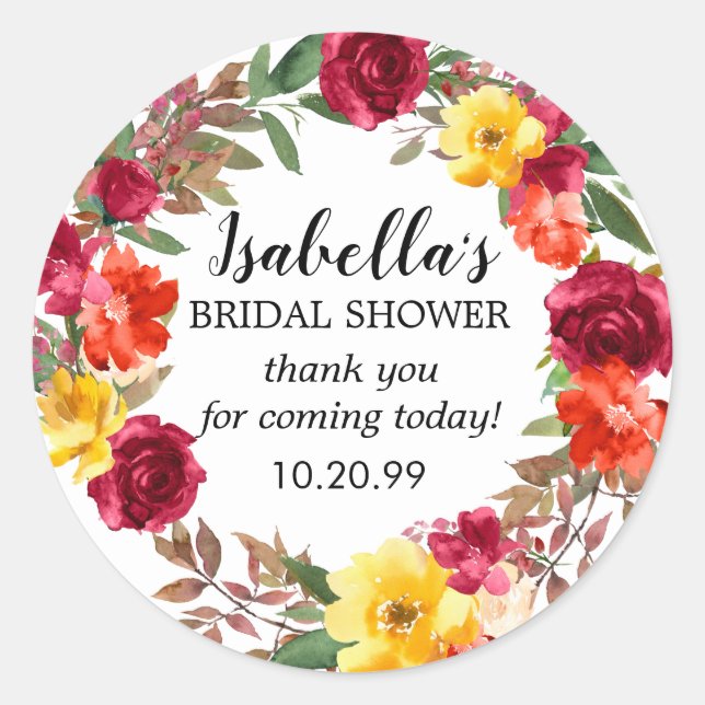 Sticker Rond Bourgogne Rouge Orange Jaune Floral Fête de Mariag (Devant)