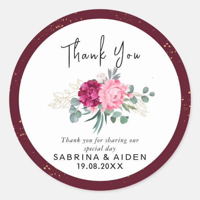 Sticker Rond Bourgogne Rouge Romantique | Floral Rose Doré (Devant)