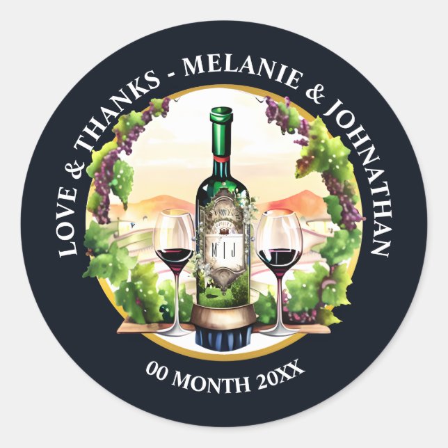 Sticker Rond Bouteille de vin à l'aquarelle verre vignoble vign (Devant)