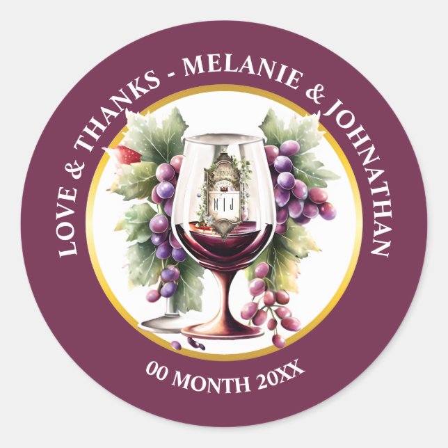 Sticker Rond Bouteilles de vin à l'aquarelle raisins Bourgogne  (Devant)