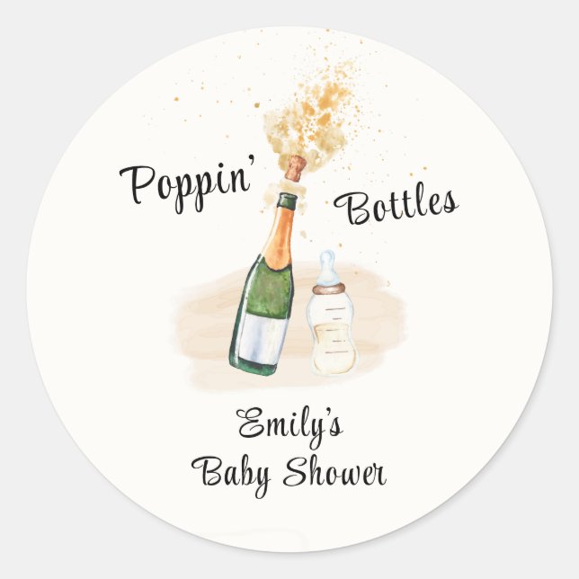 Sticker Rond Bouteilles Poppin moderne Baby shower Champagne (Devant)