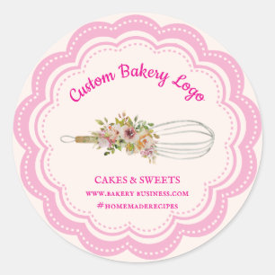 Sticker Rond Boutique de Boulangerie Fleur Rose Beige Fouet
