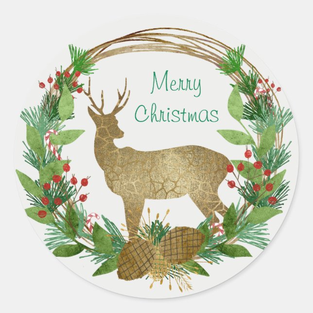Sticker Rond Bouton de cerfs et de pins Joyeux couronne de Noël (Devant)
