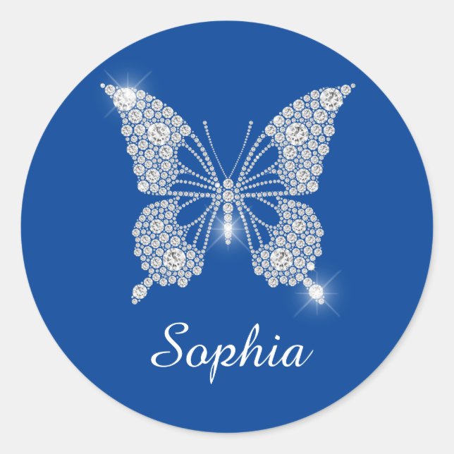 Sticker Rond Bouton Diamant Blanc, Nom du script, Bleu Profond (Devant)