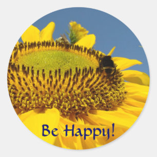 Sticker Rond Bouton Être Heureux ! Abeille Butineuse Tournesol