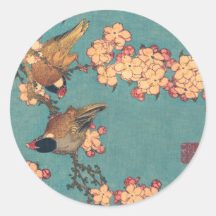 Sticker Rond Bouvreuil d'Hokusai et Cerisier Fleur Vintage Oise