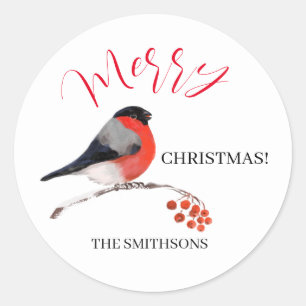 Sticker Rond Bouvreuil et baies de sorbier rouge, Joyeux Noël !