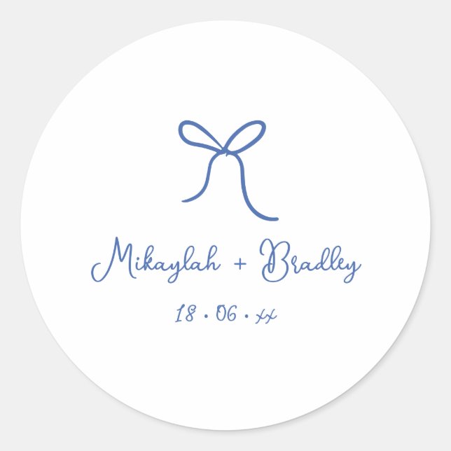 Sticker Rond Bow blanc et bleu Whimsical Mariage personnalisé (Devant)