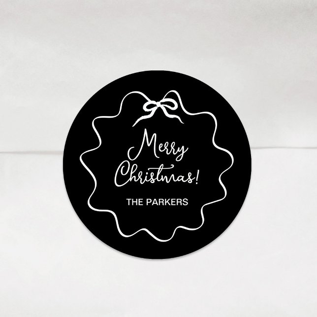 Sticker Rond Bow de Noël | Noir Whimsical Wavy avec blanc (Créateur téléchargé)