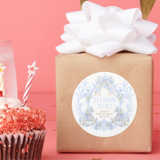 Sticker Rond Bow Floral Crest Rustic Blue Boy Baby shower (Fête)