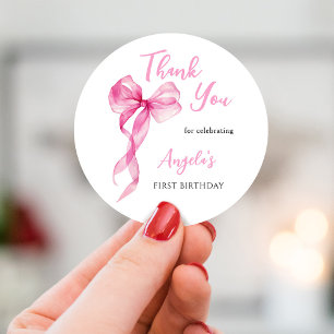 Sticker Rond Bow Girls rose 1er Merci d'anniversaire