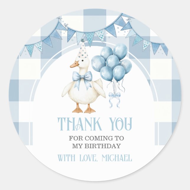 Sticker Rond Bow One Silly Goose 1st Birthday Blue Gingham (Devant)