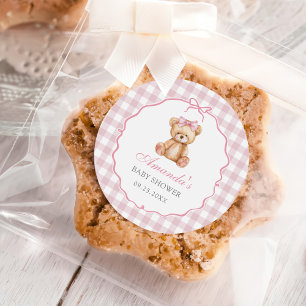 Sticker Rond Bow rose En vichy Teddy Bear Baby shower