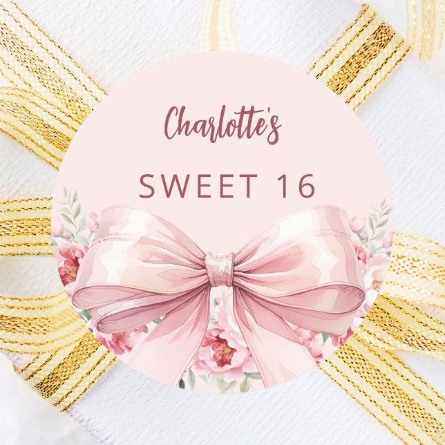 Sticker Rond Bow rose rousse fleurs rose Sweet 16 (Créateur téléchargé)