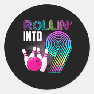 Sticker Rond Bowling Party Rollin' Into 9 9e anniversaire fille
