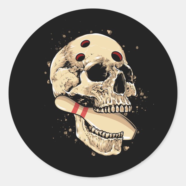 Sticker Rond Bowling Pins Retro Skull Skeleton Head Bowler Hall (Devant)