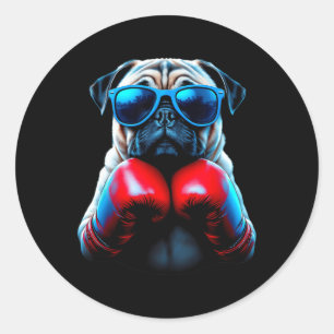 Sticker Rond Boxe Pug Chien Kickboxing Cool