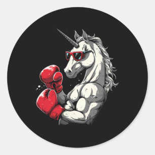 Sticker Rond Boxe Unicorne Avec Gants De Boxe Kickboxing Cute