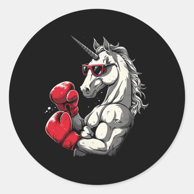 Sticker Rond Boxe Unicorne Avec Gants De Boxe Kickboxing Cute (Devant)