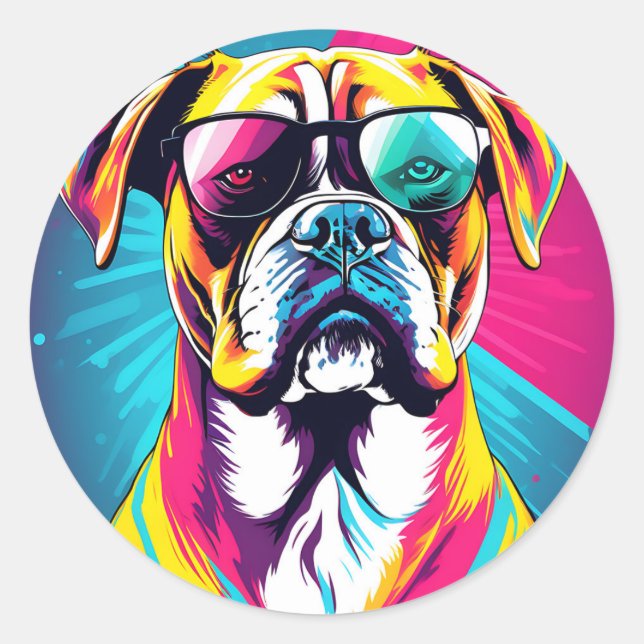 Sticker Rond Boxer Chien Énergétique Avec Lunettes De Soleil Po (Devant)