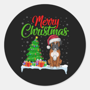 Sticker Rond Boxer Chien Feux de Noël Lumières Drôle Xmas Boxe