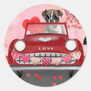 Sticker Rond Boxer Chien voiture avec les coeurs Valentine's