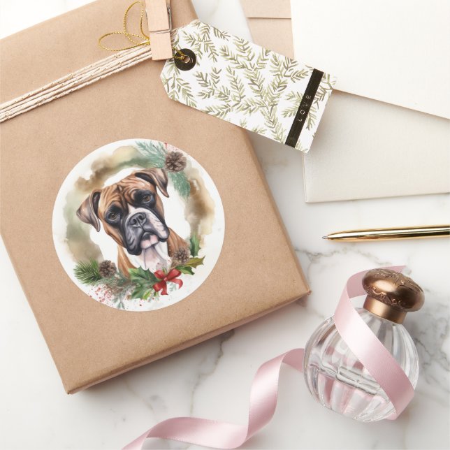 Sticker Rond Boxer Christmas Wreath Festive Pup (Cadeaux)