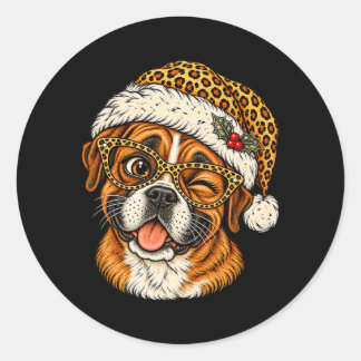 Sticker Rond Boxer de Noël drôle avec chapeau de Père Noël léop