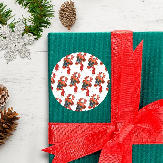 Sticker Rond Boxer race Aquarelle Chien Motif Étoiles Noël (Créateur téléchargé)