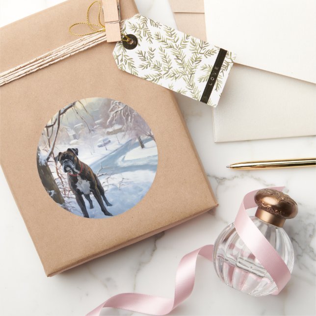 Sticker Rond Boxeur Qu'il neige Noël (Cadeaux)