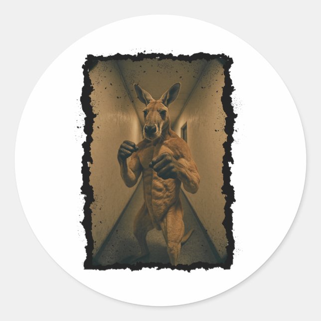 Sticker Rond Boxing Retro Kangaroo Debout Dans Le Hallway Fun (Devant)