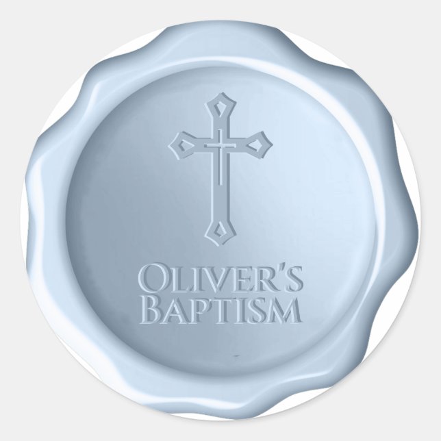 Sticker Rond Boy Baptism Dusty Blue Wax Seal Embossé Croix (Devant)