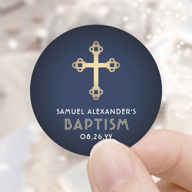 Sticker Rond Boy Baptism Elegant Cross Navy Bleu Blanc et Or (Créateur téléchargé)