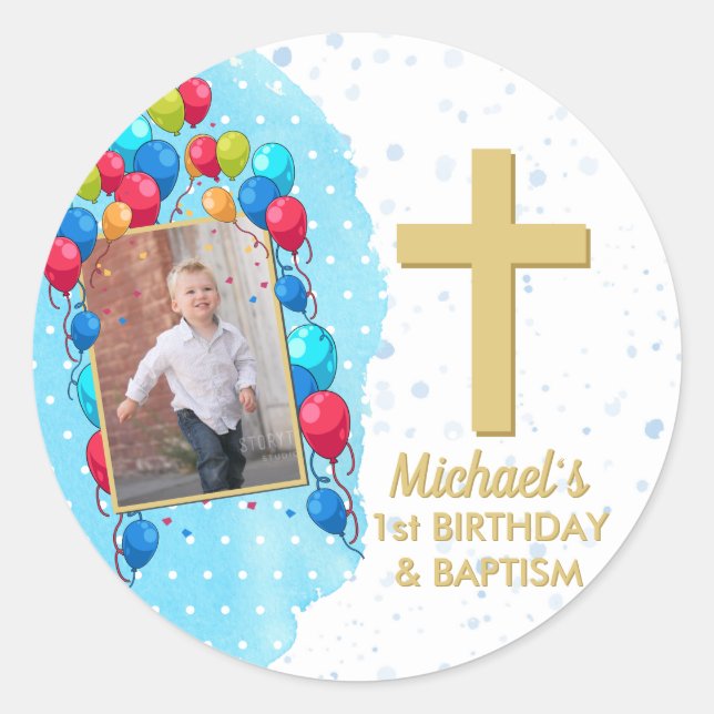 Sticker Rond Boy Blue 1st Birthday Baptism Gold Texte Photo (Devant)