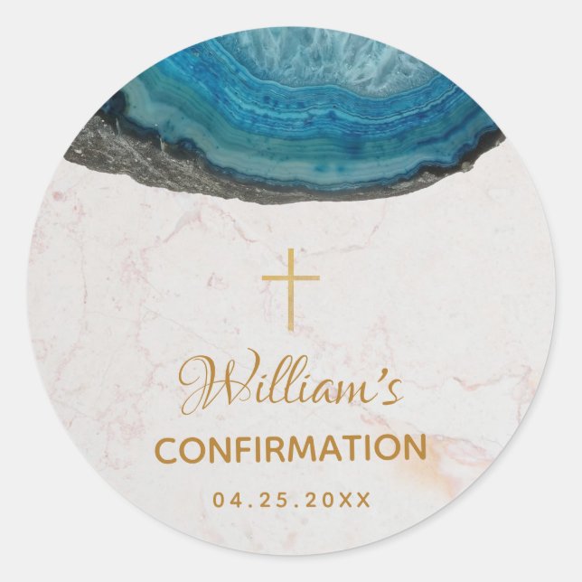 Sticker Rond Boy Confirmation Blue Geode Élégant Script Marble (Devant)