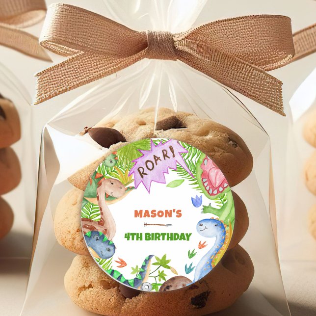 Sticker Rond Boy Dinosaur 4th Birthday Invitation (Créateur téléchargé)