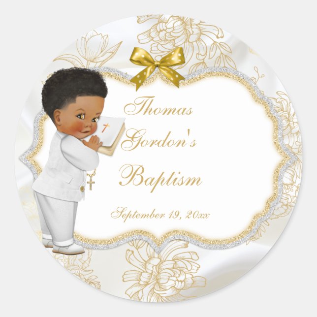 Sticker Rond Boy Ethnic Baptême Communion Croix de la Bible (Devant)