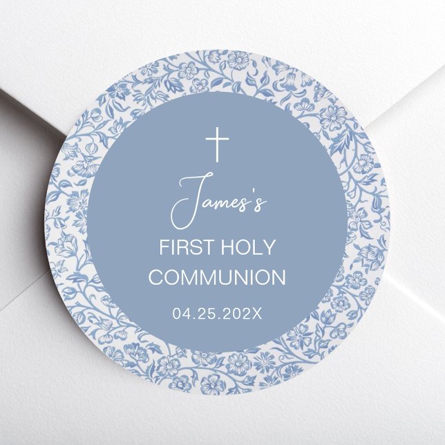 Sticker Rond Boy First Communion Blue and White Floral Pattern  (Créateur téléchargé)