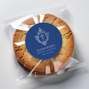 Sticker Rond Boy First Communion Royal Blue Vintage Crest Cross