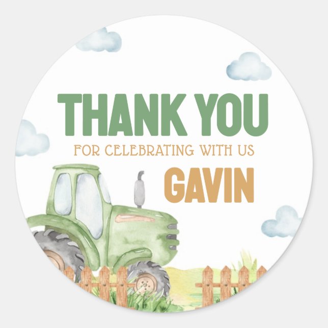 Sticker Rond Boy Green Tractor fête d'anniversaire (Devant)