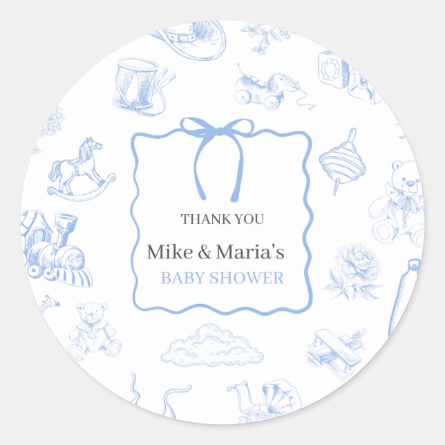 Sticker Rond Boy Toile De Jouy Blue Baby Shower (Devant)