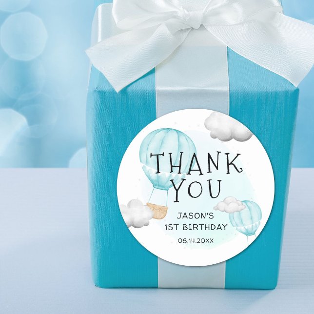 Sticker Rond Boys Blue Hot Air Balloon 1er anniversaire Merci (Créateur téléchargé)