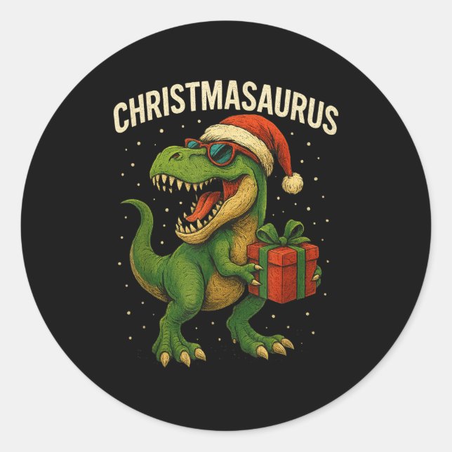 Sticker Rond Boys Christmasaurus Christmas Dinosaur Dino Family (Devant)