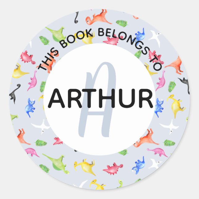 Sticker Rond Boys Dinosaur Monogramme et nom Plaque (Devant)