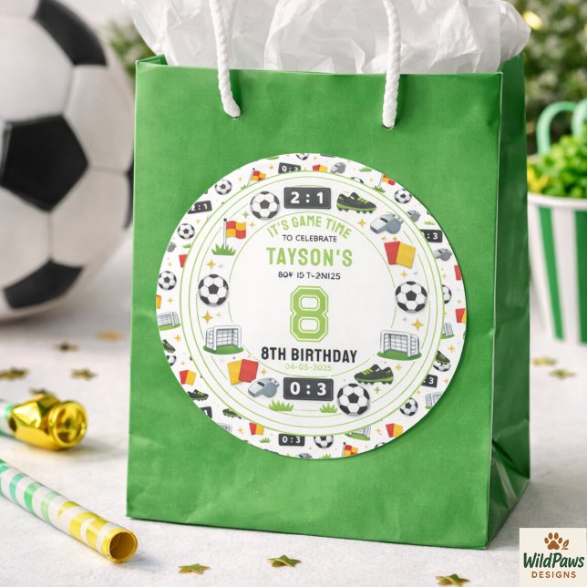 Sticker Rond Boys Modern Sports Soccer Kids 8th Birthday Party (Boys Modern Sports Soccer Kids 8th Birthday Party Classic Round Sticker)